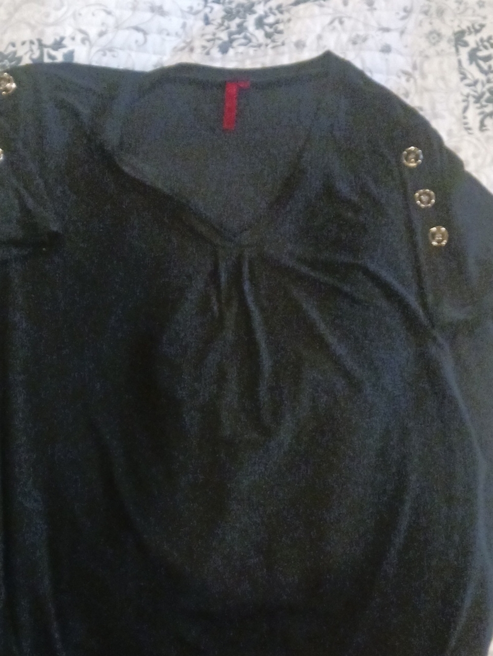 Women's Black V-Neck Top with Gold Shoulder Buttons